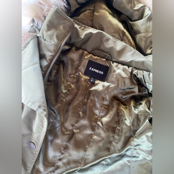 EXPRESS White & Green Sherpa faux fur hooded teddy coat jacket parka XS - Picture 6 of 6